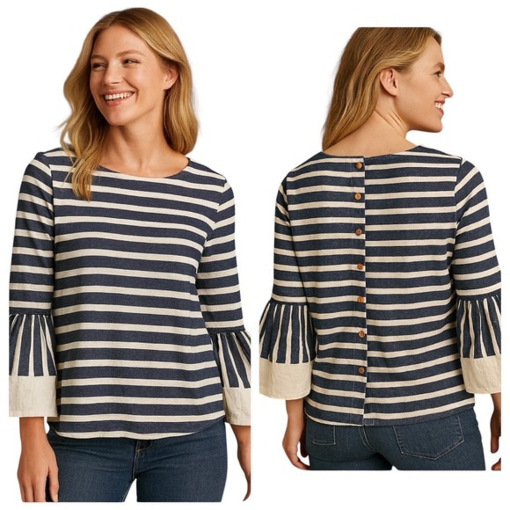 Isla Maude Sz S‎ Striped Nautical Cropped Bell Sleeve Coastal Boho 100% Cotton